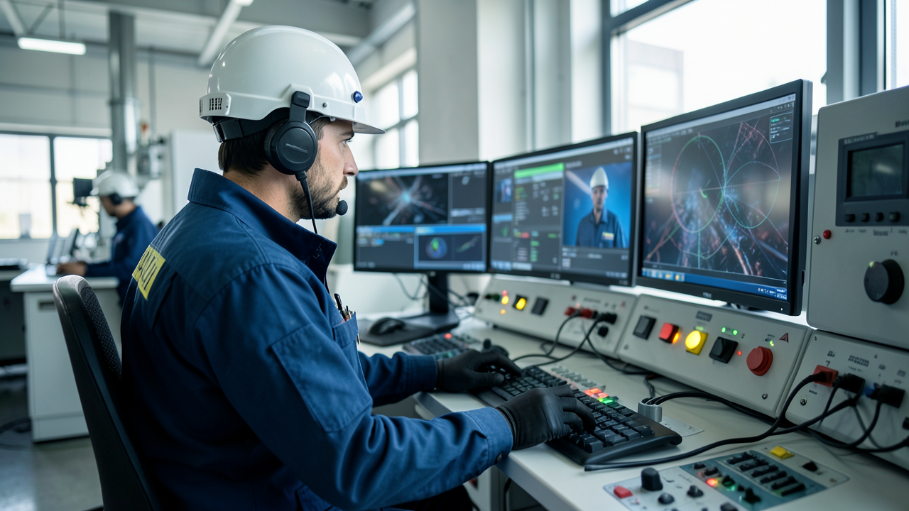 Agent de sécurité en équipement de protection surveillant des écrans de contrôle et des caméras dans une salle de contrôle d’une usine moderne.